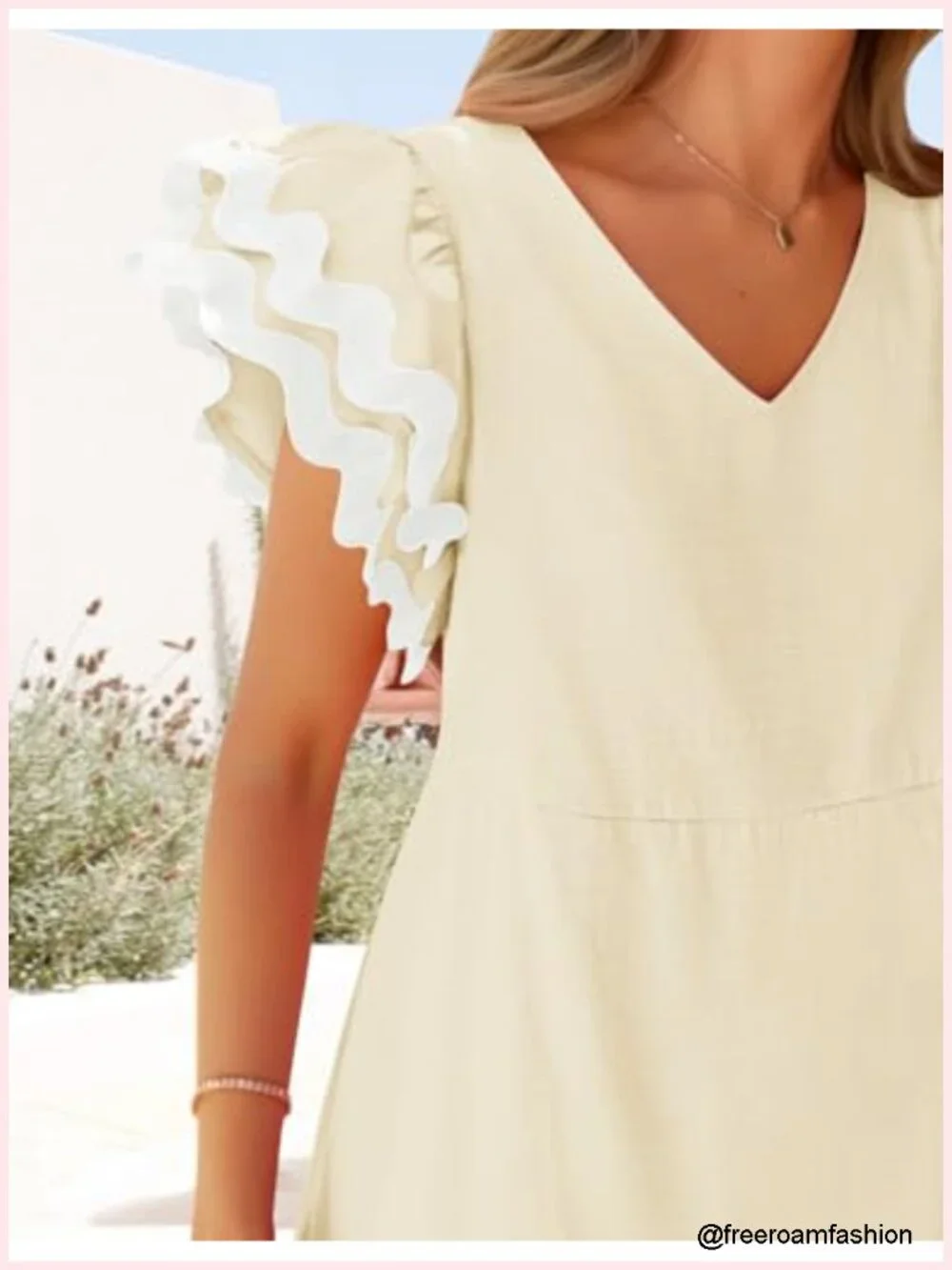 V Neck Flutter Short Sleeve Ruffle Tiered A Line Flowy Midi Dress Beach Casual